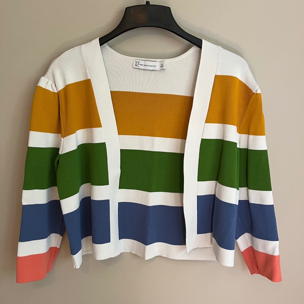 Y2K Multi Color Wide Stripe Open Front Cropped Cardigan Puff Shoulder Indie XL
